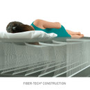 Cutaway illustration of an inflatable airbed showing Fibre-Tech internal support beams beneath a sleeping person.