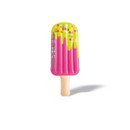 Pink inflatable popsicle pool float with yellow sprinkle design and beige stick, shown on a white background.