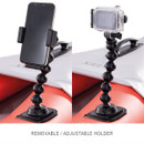 Removable adjustable accessory holder for phone or action camera on kayak