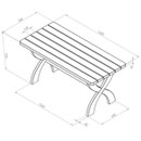 Black and white technical line drawing of a rectangular wooden garden table with labelled dimensions.