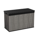 Grey slatted garden storage box with black lid on a plain background.