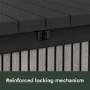 Close-up of the reinforced locking mechanism on the garden storage box lid.