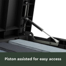 Close-up of the piston-assisted hinge inside the storage box lid for smooth opening.