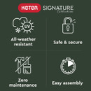 Graphic showing product features including all-weather resistance, safe and secure locking, zero maintenance and easy assembly.