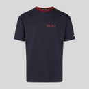 Navy blue t-shirt with red logo on the chest