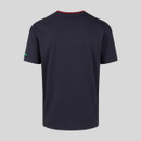 Plain navy blue t-shirt with red collar detail and a small green tag on the sleeve.