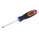 A black Phillips screwdriver with a blue ring near the shaft and an ergonomic handle featuring an orange strip with the brand logo.