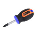 A black and orange Phillips screwdriver with a blue collar and ergonomic grip, designed for easy handling and efficiency, isolated on a white background.