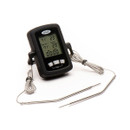 A view of a probe thermometer on a white background