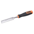 A sharp chisel with a black and orange ergonomic handle, labelled "TACTIX" and "25mm." The tool's metallic blade contrasts with the soft grip.
