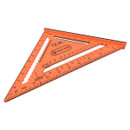 Orange triangular carpenter's speed square with measurement markings in inches and angles. The tool is labelled "12 in." and "TACTIX" for precision work.