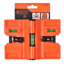 Orange plastic miter box with integrated bubble level, placed against a simple white background. The branding and packaging is visible at the top.