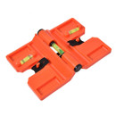 Orange level tool with two foldable arms, featuring three green vials for precise measurements. Compact, efficient design for versatile use.