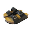 Pair of black leather double-strap sandals with adjustable metal buckles and cork footbed