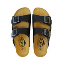 Top view of black double-strap sandals showing contoured footbeds and branded insole