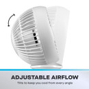 Side view of the fan tilted backward with text “Adjustable airflow – tilts to keep you cool from every angle.”