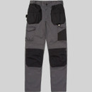 Flat lay front view of grey and black CAT work trousers with tool pockets and reinforced knee sections