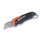 A utility knife with a retractable blade and ergonomic handle. The handle is black and orange with the word "TACTIX" in white. Modern and robust design.