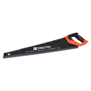 A black hand saw with an orange handle and Tactix branding. The saw is angled diagonally and features a hole at the tip, conveying a practical, rugged tone.