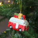 A view of a resin Campervan Hanging Decoration hanging on a Christmas tree