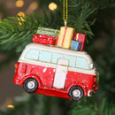 A close up view of a resin Campervan Hanging Decoration hanging on a Christmas tree