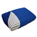 A blue pillow encasing a perforated white foam core, designed for comfort and breathability.