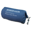 A rolled-up blue outdoor pillow labelled "Skyfall Memory Foam Pillow" from Outdoor Revolution, secured with a drawstring.