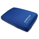 Blue rectangular pillow with a quilted surface, featuring the logo "SKYFALL" printed in white on one side.