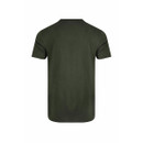 Flat lay of the back view of a khaki green men’s T-shirt with short sleeves and a plain design.