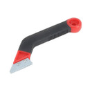 Black and red grout scraper with an angled handle and metal blade. The ergonomic design and sharp edge indicate a tool for precise tile cleaning.