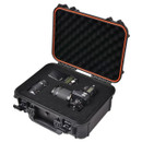 Open black hard case with orange trim displaying a camera, two lenses, and a flash. The interior has protective foam padding, emphasizing security.