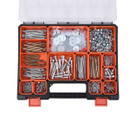 A plastic organizer box with an orange interior holds various screws, bolts, washers, and nuts in separate compartments, showcasing neatness and order.