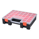 A rectangular, black storage organizer with a transparent lid featuring a grid of square compartments. It has orange latches and a central handle.