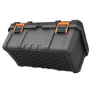 Sturdy grey storage box with honeycomb textured sides and bright orange latches. The design is rugged and industrial, suggesting durability.