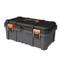 A sturdy grey toolbox with a black lid featuring orange latches and a handle. The durable design suggests organized and secure tool storage.