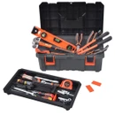 Sturdy grey storage box with honeycomb textured sides and bright orange latches. The design is rugged and industrial, suggesting durability.