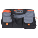 A durable tool bag with a grey and black exterior, featuring two front pockets, an orange accent on the top, and a sturdy black strap. The design is practical and professional.