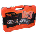 Orange toolbox with "Tactix 154" branding. The label shows various wrenches, pliers, and sockets neatly arranged. Durable and organized vibe.