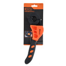 Orange and black Tactix strap wrench on packaging. Features a rubber strap and ergonomic handle. Text reads "150 mm (6 in.)". Image of use shown.
