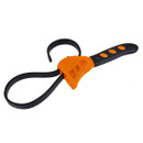 Orange and black adjustable rubber strap wrench with a contoured grip handle. It is designed for opening jars or gripping round objects efficiently.