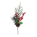 Festive Christmas pick with frosted pine foliage, red berries, pinecone, holly leaves and a striped candy cane, perfect for wreaths and seasonal displays.
