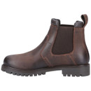 A brown leather Chelsea boot with a rugged sole and pull tab, featuring elastic side panels. The style is sturdy and classic, conveying a sense of durability.