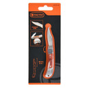 Packaging of a folding knife with a curved stainless steel blade and orange handle. Features include a pocket clip and a compact design.