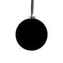 Black Christmas ornament with a glossy finish, hanging from a black ribbon, isolated on a white background.