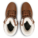 Top view of brown winter hiking boots showing patterned laces, soft cream fleece lining and rounded toes.