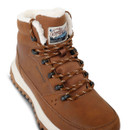 Close-up of a brown fleece-lined hiking boot showing patterned laces, black metal eyelets, padded tongue and branded patch.