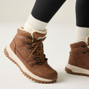 Side view of brown winter hiking boots with fleece lining, patterned laces and chunky cream and brown outdoor soles.