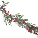 A festive garland of green leaves and red berries, dusted with white snow, against a white background. Perfect for holiday decor.