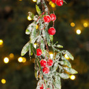 A close-up of snow-dusted red berries and green leaves, with warm, blurred lights in the background, creating a festive atmosphere.