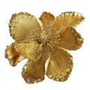 Close-up of the gold Christmas flower decoration, highlighting luxurious fabric petals with glittered stamens and sequined edging for festive displays.